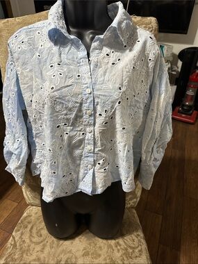Light Blue Eyelet Button-Up Shirt - Women